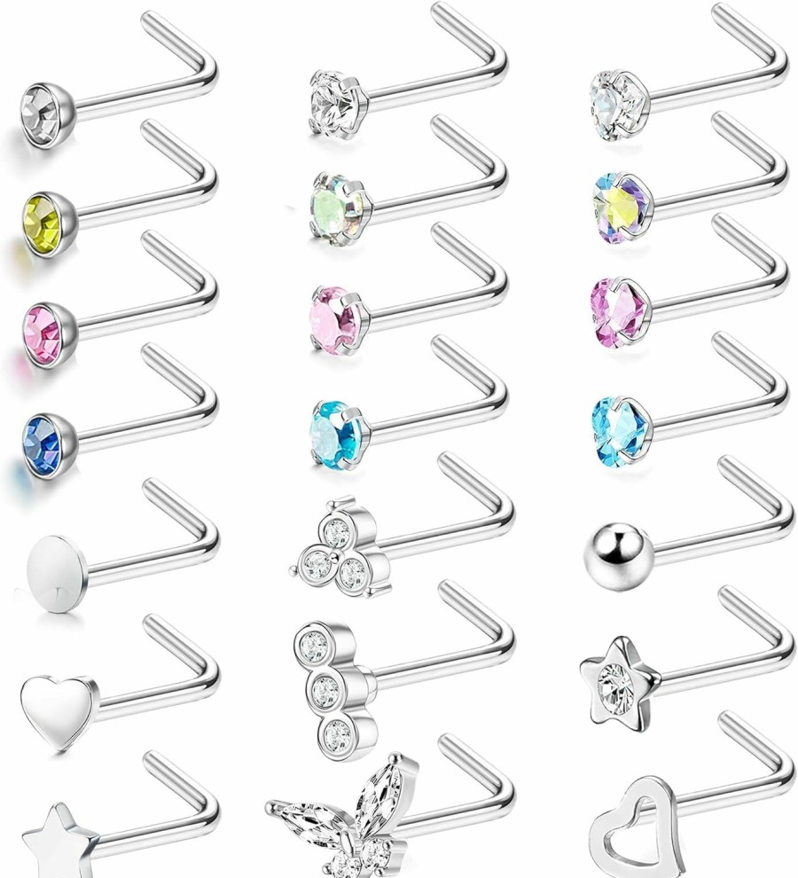 Clearance YADOCA Yadoca 21Pcs Nose Rings 20G Surgical Stainless Steel Nose Piercings Bone/L/S Shaped Nose Screws Rings Studs Cz Inlaid Nostril Piercing Jewelry Set For Women Men