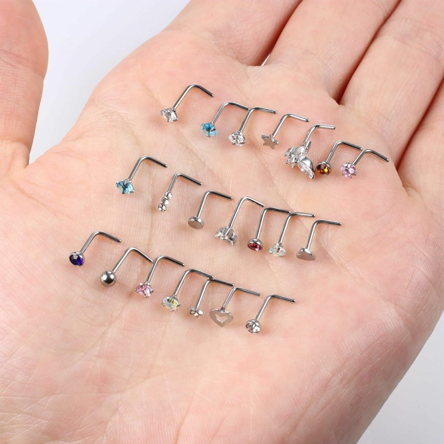 Clearance YADOCA Yadoca 21Pcs Nose Rings 20G Surgical Stainless Steel Nose Piercings Bone/L/S Shaped Nose Screws Rings Studs Cz Inlaid Nostril Piercing Jewelry Set For Women Men