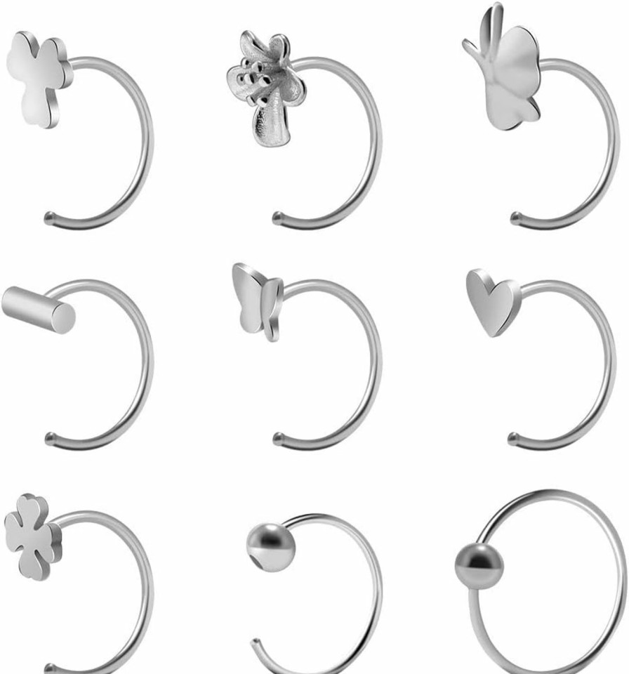 Clearance WASOLIE Wasolie 9Pcs 20G 925 Sterling Sliver Nose Rings Hoops Nose Piercing Jewelry Nose Studs For Women