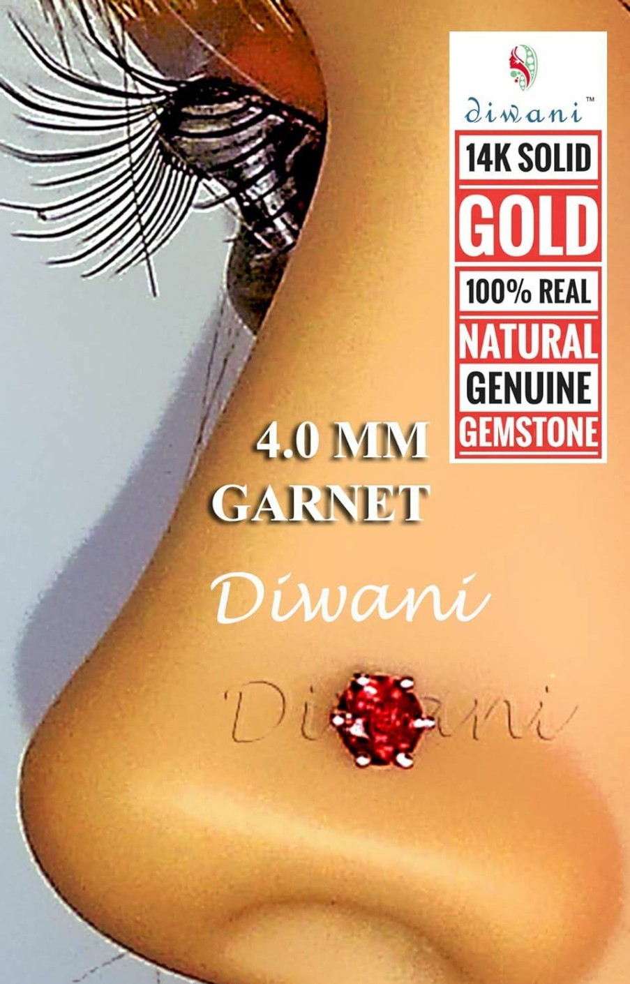 Hot DIWANI Diwani 14K Gold 4.0Mm Natural Garnet Gemstone Engagement Wedding Nose Lip Labret Monroe Body Piercing Ring Stud Pin Screw 0.230 Cents Color- Red 18 Gauge Thick 8.0Mm Length Screw Back Post