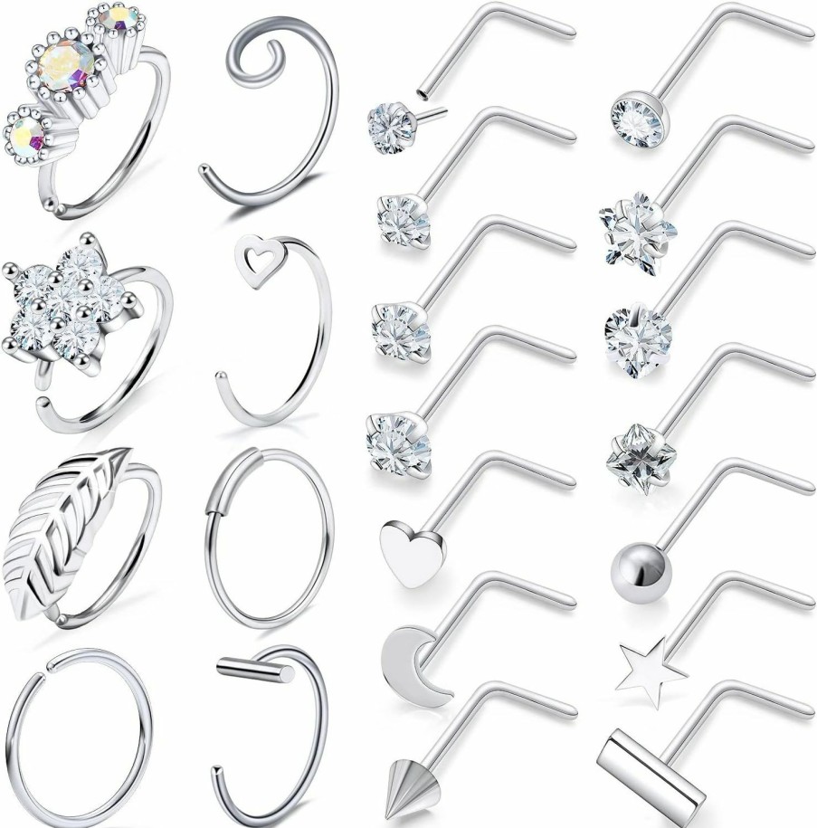 Clearance Vsnnsns Vsnnsns 20G Threadless Push In Nose Rings For Women 316L Surgical Stainless Steel L Shaped Nose Studs Screw Bone Nose Rings Hoops Piercings Nostril Piercing Nose Studs Jewelry For Women 22Pcs