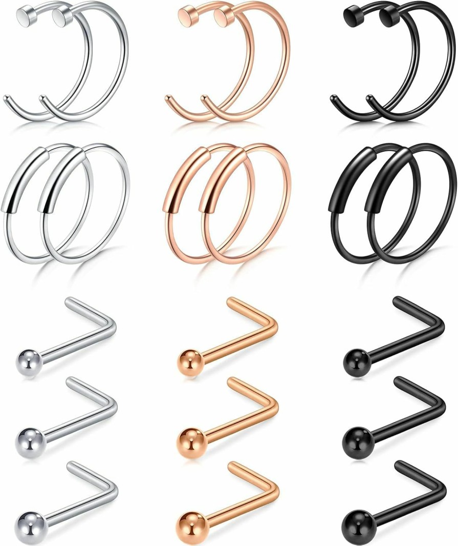 Best FECTAS Fectas 18G Nose Rings Stud Hoop L Shape Nose Studs Stainless Steel Nose Screw Bone Nostril Hoops Piercing Jewelry For Women Men Silver Gold Black Pack