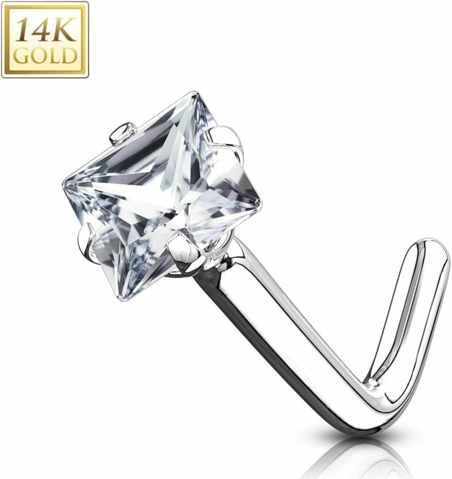 Clearance blue palm jewelry Blue Palm Jewelry 20Ga (0.8Mm) 1/4\" (6Mm) 2Mm 14Kt. Gold L Bend Nose Ring With Prong Set Square Cz N111