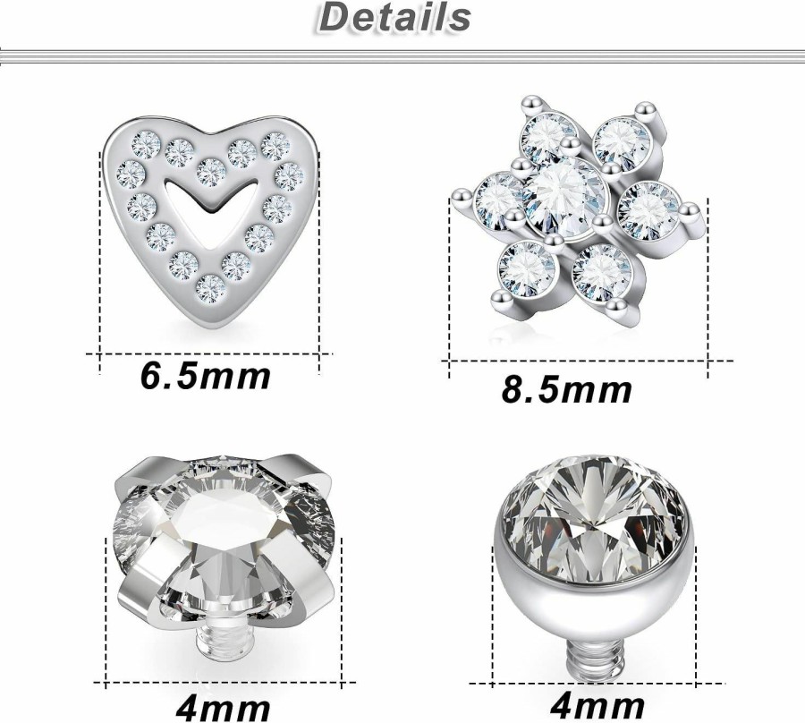 Best Ocptiy Ocptiy 9Pcs 14G Grade 23 Titanium Dermal Anchor Tops Internally Threaded Clear Star Heart Flower Gem Top Piercing Jewelry For Women Men