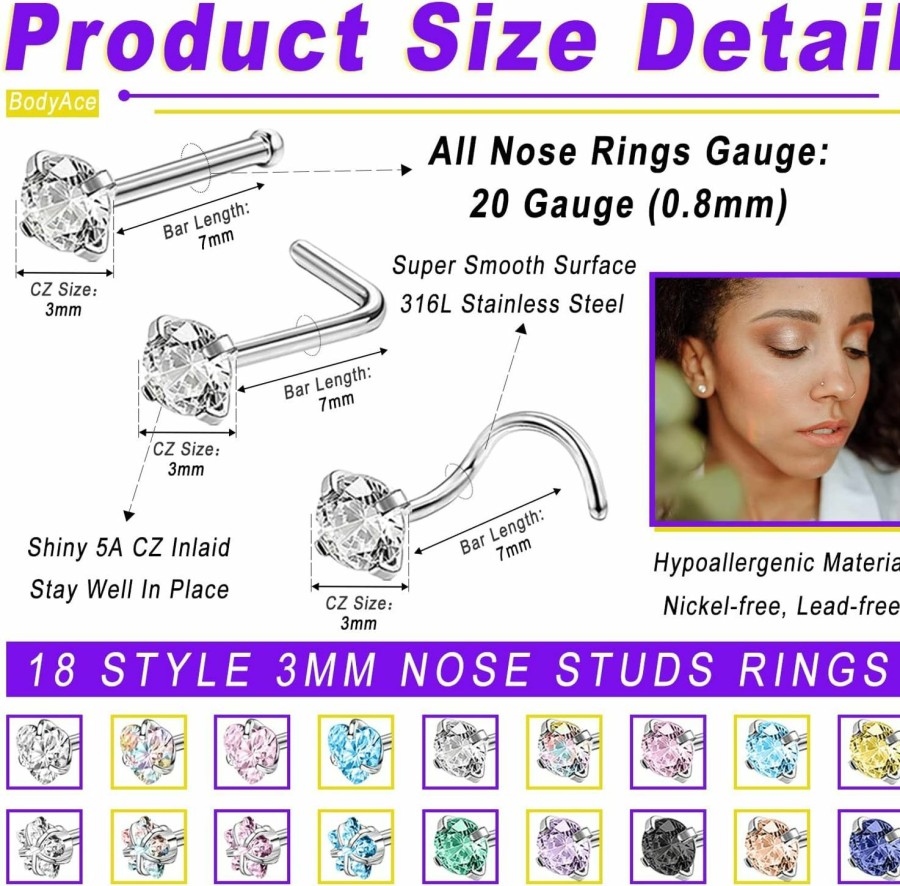 Hot BodyAce Bodyace 18Pcs Stainless Steel Nose Studs Rings, 20 Gauge L Shaped Stud Nose Rings For Women, Mix Colors 3Mm Diamond Cz Nostril Nose Piercing Jewelry