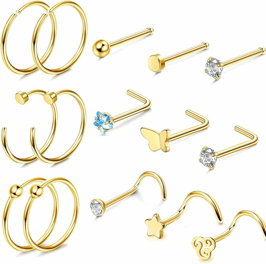 Online VALDEAS Valdeas 20G Nose Rings For Women 14K Gold Filled Nose Stud Piercings Jewelry Cz Gold Nose Ring Hoops Small Stainless Steel Nose Rings Set L Nose Rings Studs Screw For Men Nostril Piercing Jewelry 12-15Pcs