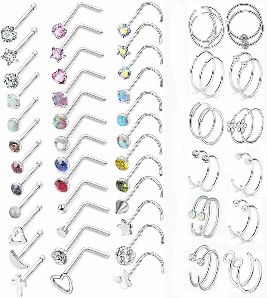 Wholesale N/D N/D 20G 60 Pcs Nose Rings For Women Hoop L Shape Nose Studs For Men Stainless Steel Nose Screw Bone Flat Top Diamond Opal Heart High Nostril Piercing Jewelry