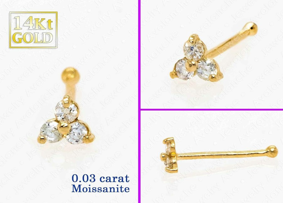 Wholesale Jewelry Avalanche Jewelry Avalanche 3-Stone 0.030Ctw Moissanite Nose Stud - 22G Solid 14Kt Gold Nose Bone/L-Shape/Nose Screw Stud Nose Ring - April Birthstone Nose Stud