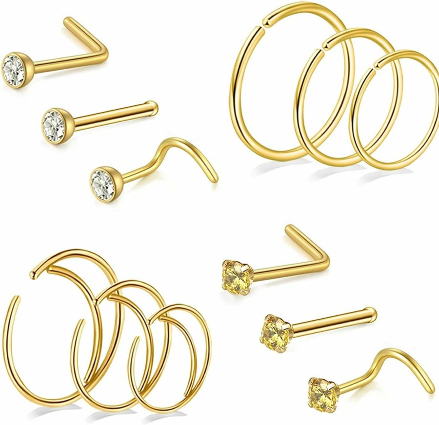 Wholesale BodyAce Bodyace 12Pcs 20G Gold Nose Ring Hoop Nose Studs For Men Women Nose Piercing Jewelry Diamond Septum Ring Nose Bones/L Shaped/Nose Screw Sets Stainless Steel Nostril Studs