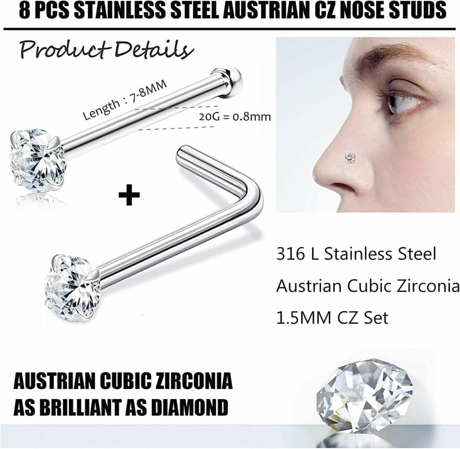 Hot VALDEAS Valdeas 20G Nose Ring Studs Cz Nose Studs 316L Stainless Steel Nose Studs For Women 8 Pcs Bone Nose Rings Set Austrian Cubic Zirconia Nose Piercing Jewelry Round Square Shapes Nose Stud 1.5-3Mm