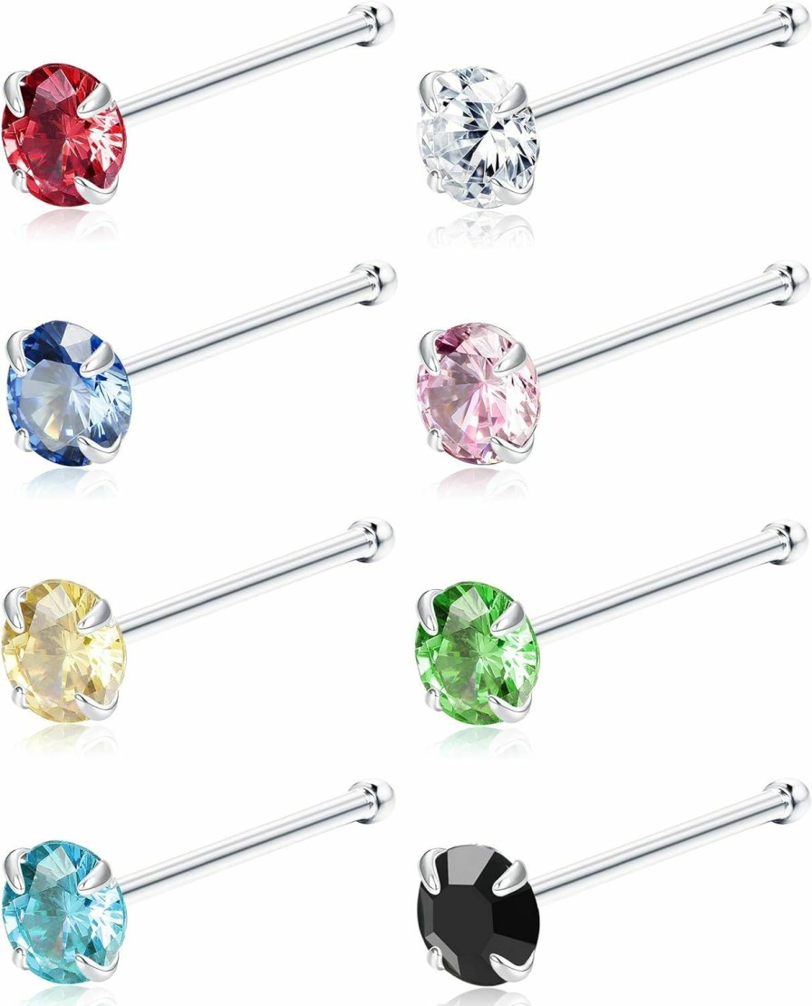 Hot Sllaiss Sllaiss 8Pcs 22G Sterling Silver Nose Rings Studs Pin For Women Men 3Mm Mix Color Round Czech Crystal Nose Body Piercing Jewelry