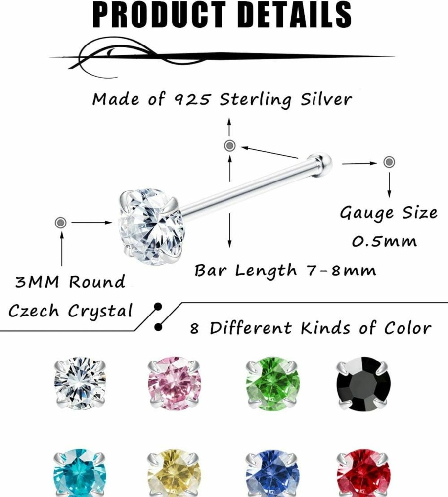 Hot Sllaiss Sllaiss 8Pcs 22G Sterling Silver Nose Rings Studs Pin For Women Men 3Mm Mix Color Round Czech Crystal Nose Body Piercing Jewelry