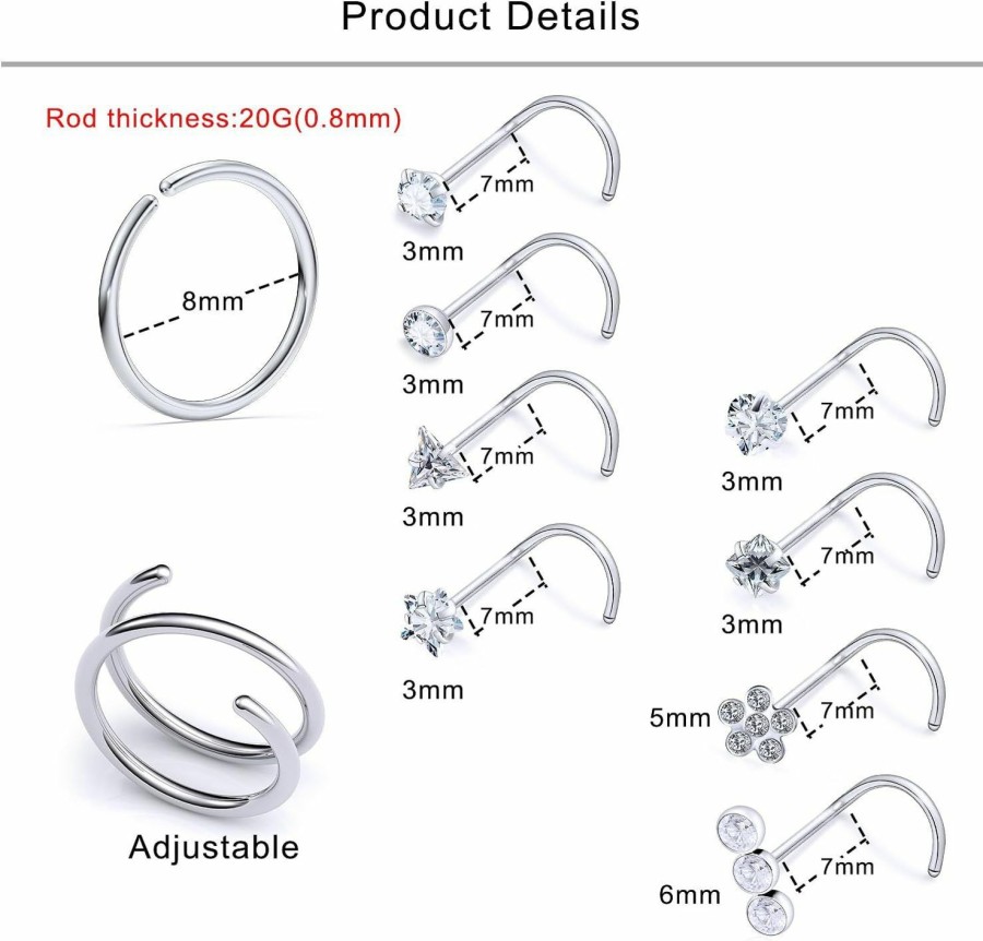 Online Lcolyoli Lcolyoli 20G Nose Rings Stainless Steel Nose Rings Hoops L Shape Nose Studs For Women Men Crystal Double Nose Ring For Single Piercing Nose Piercing Jewelry