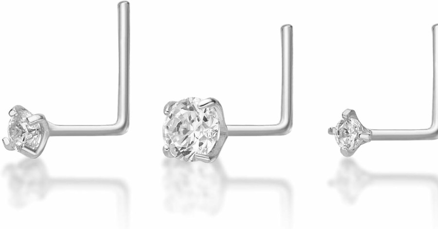 Best Lavari Jewelers Lavari Jewelers 22 Gauge Cz L-Shaped Nose Ring Set In 14K White Or Yellow Gold With 1.5 Mm 2 Mm Or 3 Mm Cubic Zirconia Piercing Jewelry Set