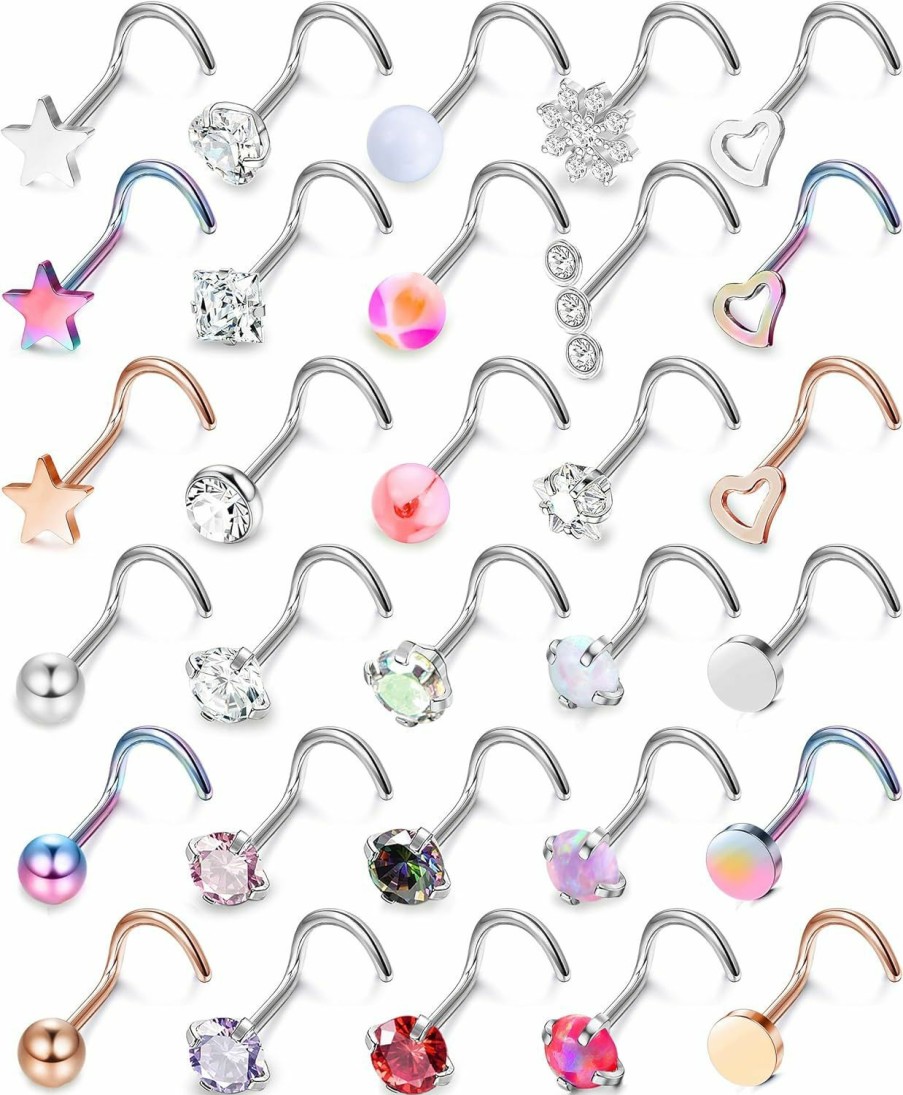 Best MILACOLATO Milacolato 30Pcs Hypoallergenic Nose Rings Studs 316L Stainless Steel Nose Piercings Jewelry Straight L Shaped Corkscrew Nose Ring Studs Cubic Zirconia Opal Nose Studs For Women Men 18G 20G