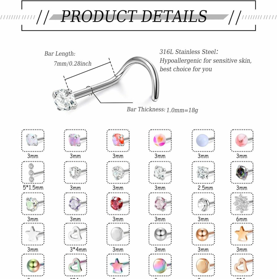 Best MILACOLATO Milacolato 30Pcs Hypoallergenic Nose Rings Studs 316L Stainless Steel Nose Piercings Jewelry Straight L Shaped Corkscrew Nose Ring Studs Cubic Zirconia Opal Nose Studs For Women Men 18G 20G