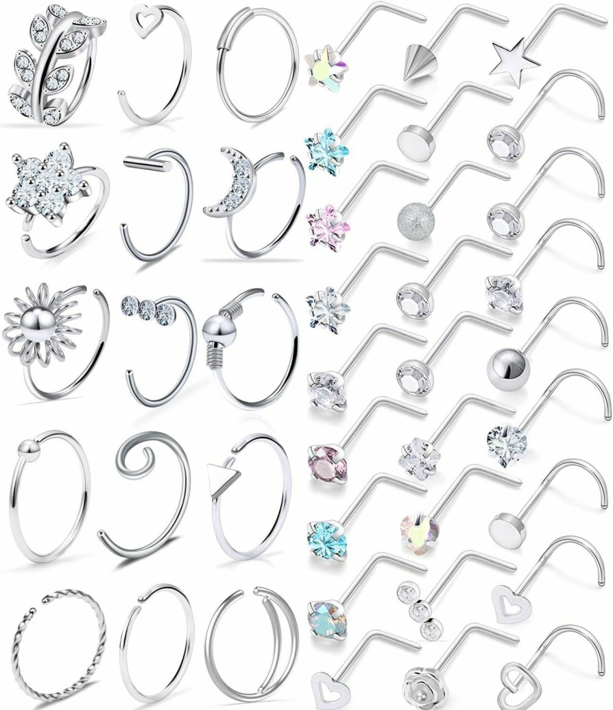 New Kridzisw Kridzisw 18G 20G Nose Rings Studs Hypoallergenic 316L Surgical Steel L Shaped Screw Nose Rings Hoops Silver Heart Star Diamond Nose Piercing Jewelry For Women Men 42Pcs