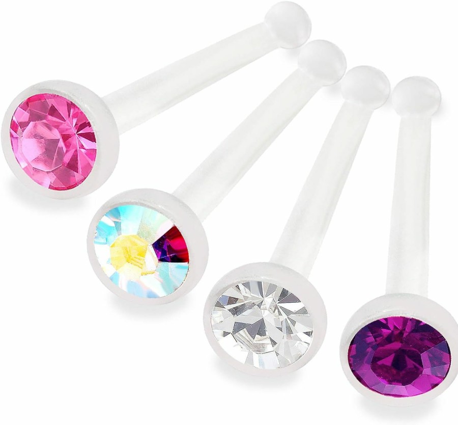 Wholesale bodyjewellery Bodyjewellery 4Pcs 20G 0.8Mm Nose Stud Bone Straight Bar Nostril Ring Bioflex Flexible Crystal Pick Color