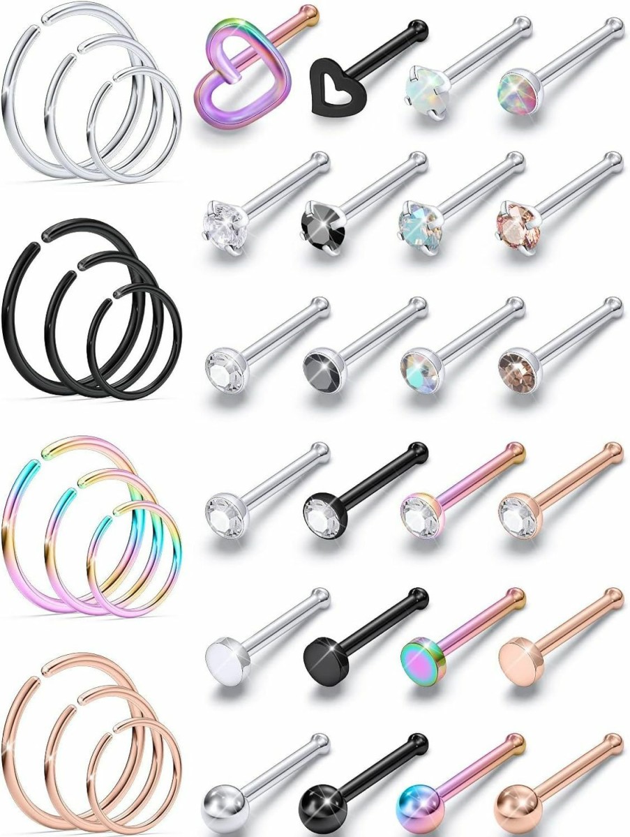 New Gadeaila Gadeaila 18G 20G 22G Nose Ring Studs Surgical Steel L Shaped Nose Studs Nose Rings Hoop Diamond Heart Cute Hypoallergenic Nostril Piercing Jewelry Silver Rose Gold Black Rainbow Nose Jewelry