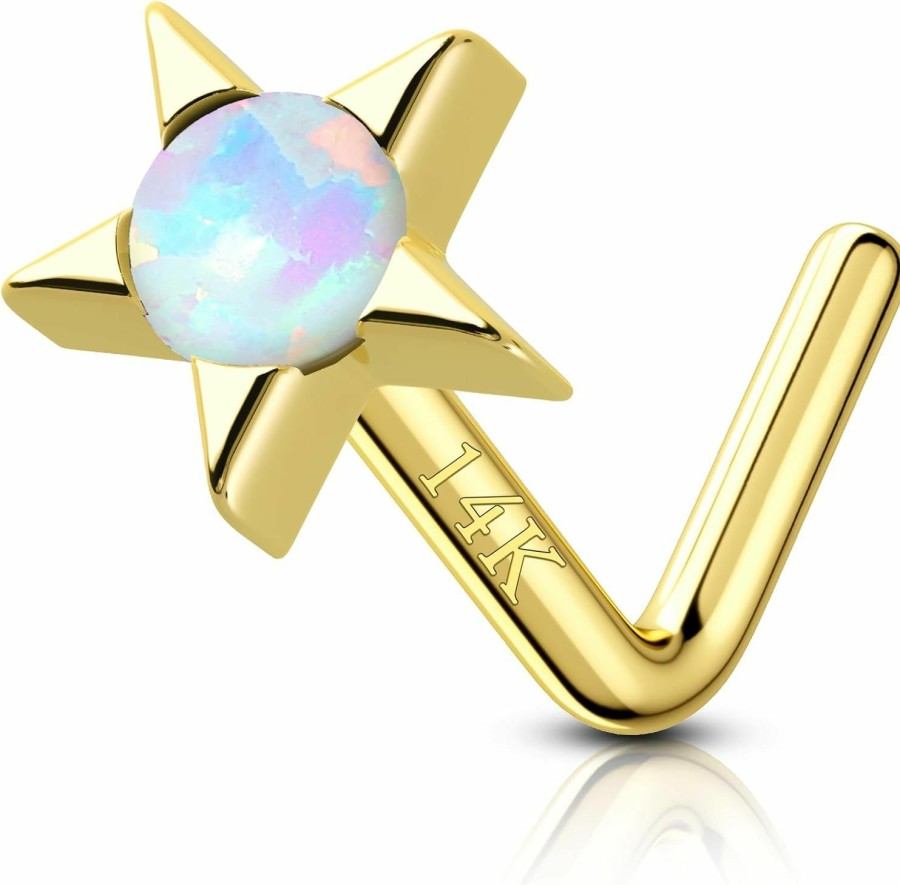 Best COCHARM Cocharm 14K Real Gold Star Nose Stud 20G Yellow Gold Bone L Bend Nostril Nose Stud 7Mm Long Opal Nose Piercing 14Kt Real Gold Nose Stud Ring Hypoallergenic Press Fit Nose Jewelry