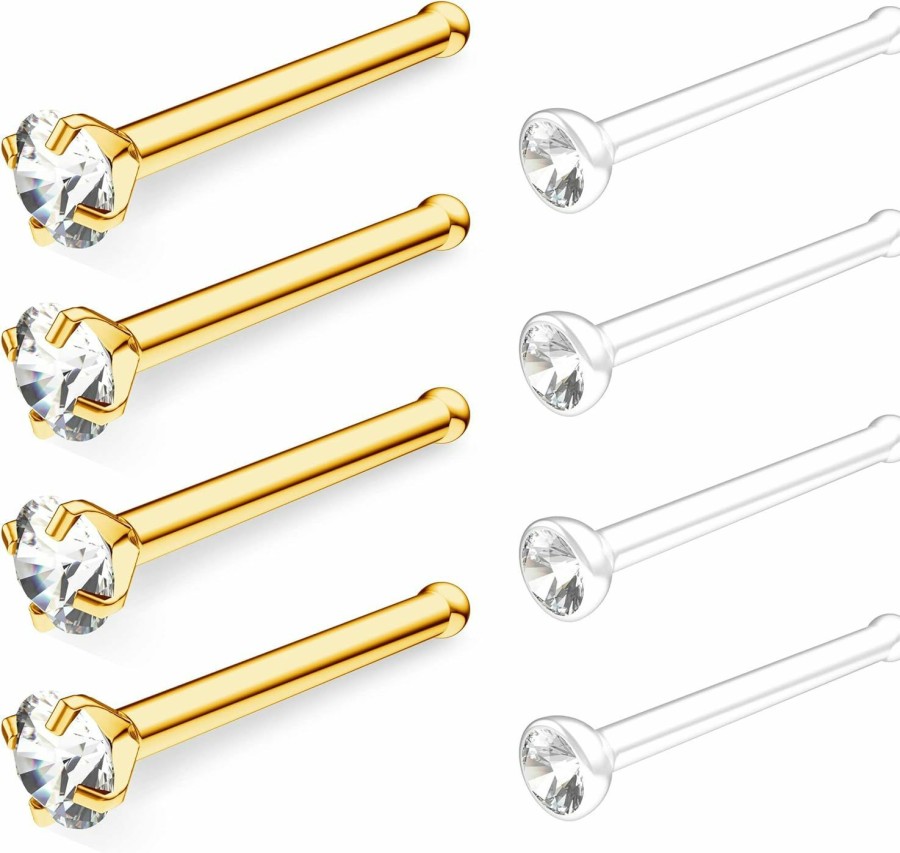 Online Belatti Belatti 8Pcs Surgical Steel & Bioflex Clear Nose Rings 20G For Women & Men 2Mm Cz Crystal | Clear Plastic Nose Stud 20 Gauge Straight Bar Set | Hypoallergenic Bioflex Clear Nose Piercing Jewelry