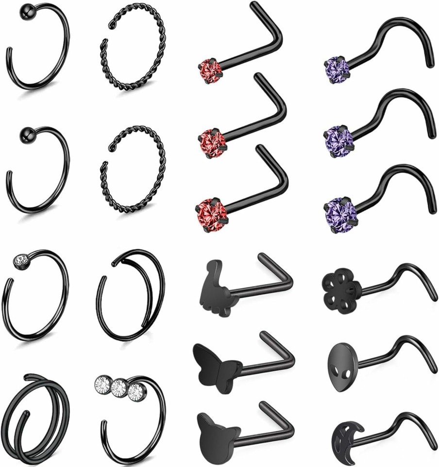 Best ZS Zs 20G Black Corkscrew L Shaped Nose Rings For Women, Surgical Steel Nose Rings Hoop, Bats Skull Halloween Nostril Studs Nose Piercings Jewelry