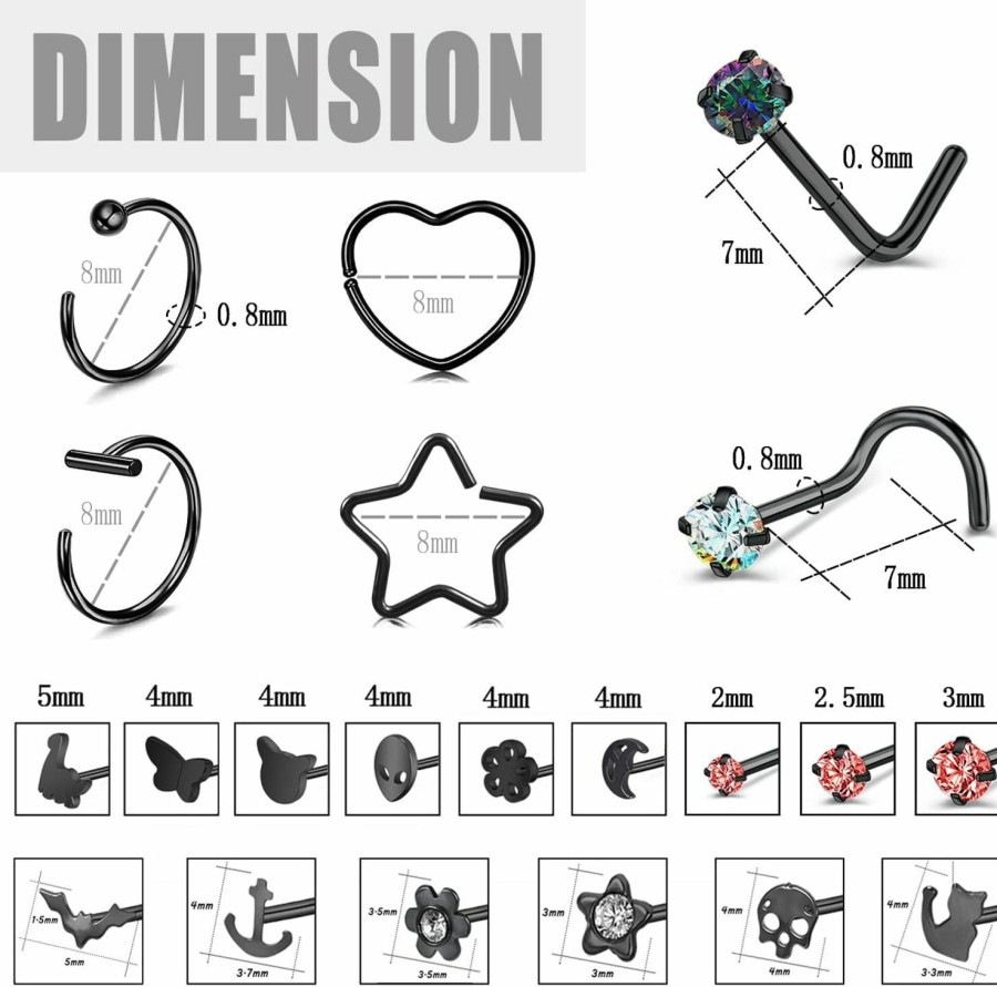 Best ZS Zs 20G Black Corkscrew L Shaped Nose Rings For Women, Surgical Steel Nose Rings Hoop, Bats Skull Halloween Nostril Studs Nose Piercings Jewelry